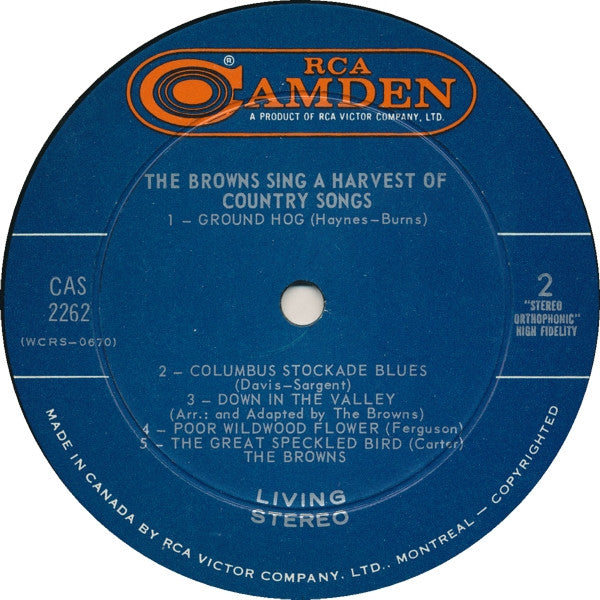The Browns (3) : The Browns Sing A Harvest Of Country Songs (LP, Comp)