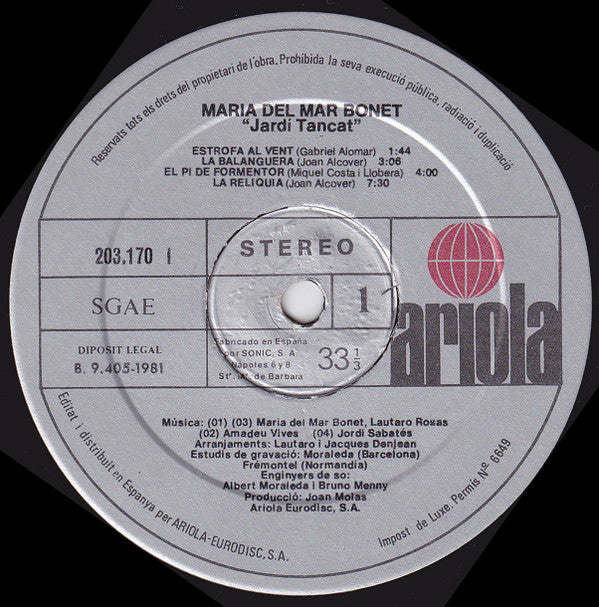 Maria Del Mar Bonet : Jardí Tancat (LP, Album, RP)