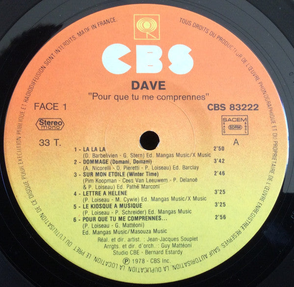 Dave (13) : Pour Que Tu Me Comprennes... (LP, Album)