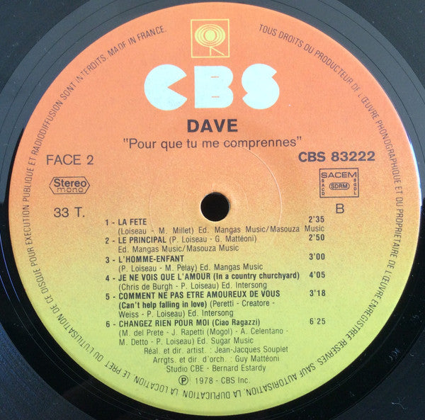 Dave (13) : Pour Que Tu Me Comprennes... (LP, Album)