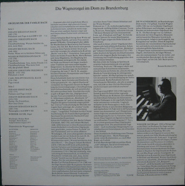 Werner Jacob : Die Wagnerorgel Im Dom Zu Brandenburg (Werner Jacob Spielt Orgelmusik Der Familie Bach) (LP)