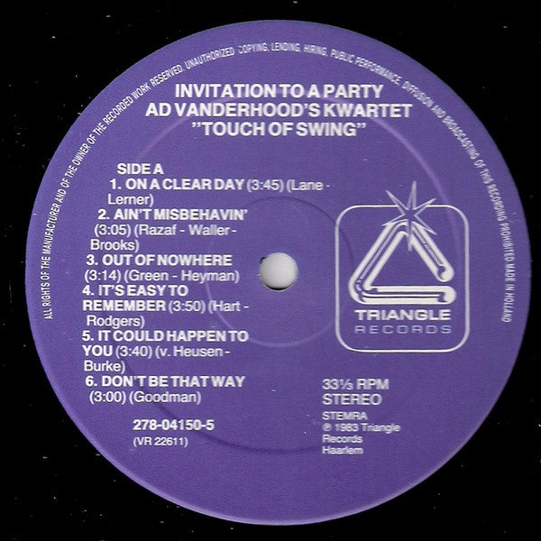 Ad Van Den Hoed Kwartet : Invitation To A Party (LP, Album)