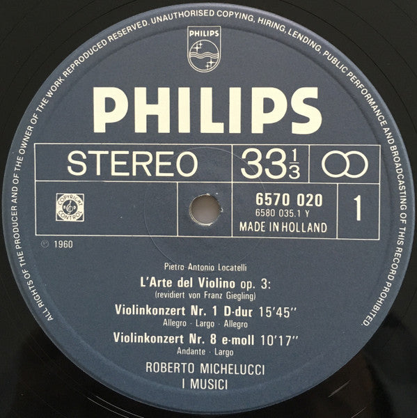 Pietro Antonio Locatelli, I Musici, Roberto Michelucci : 3 Violinkonzerte Aus Op. 3 „L'Arte Del Violino“ (LP, Album)