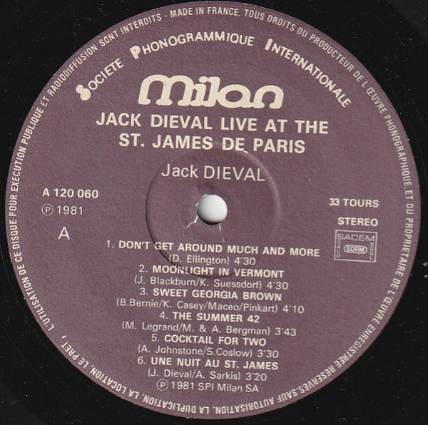 Jack Diéval Trio : Live At The "St. James De Paris" (LP, Album)