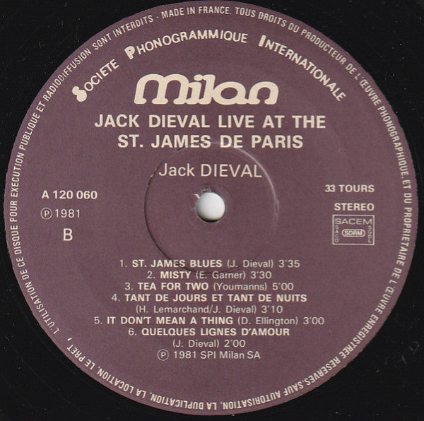 Jack Diéval Trio : Live At The "St. James De Paris" (LP, Album)