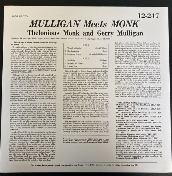 Thelonious Monk And Gerry Mulligan : Mulligan Meets Monk  (LP, Album, Ltd, RE, 180)