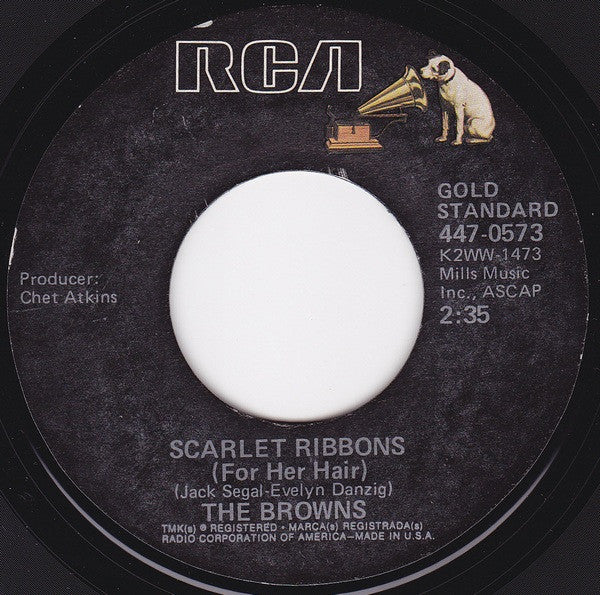 The Browns (3) : The Three Bells (Les Troís Cloches) / Scarlet Ribbons (For Her Hair) (7", RE, Styrene)