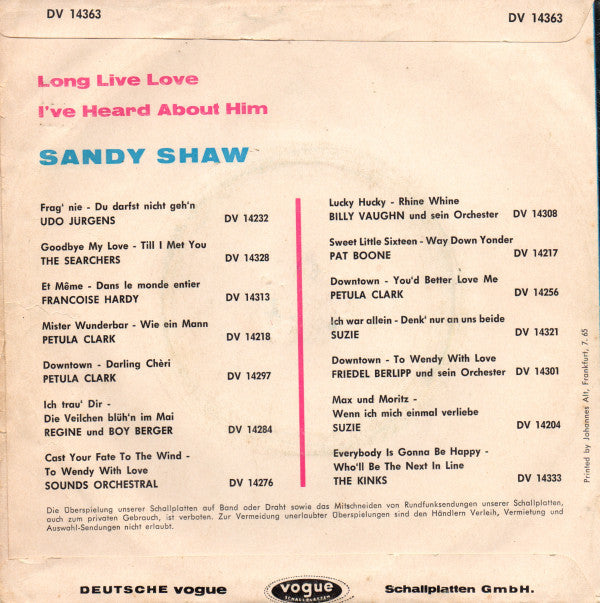Sandie Shaw : Long Live Love (7", Single)