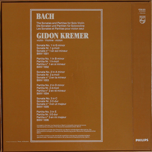 Bach* / Gidon Kremer : 3 Sonate E 3 Partite Per Violino Solo BWV 1001-1006 (3xLP + Box)
