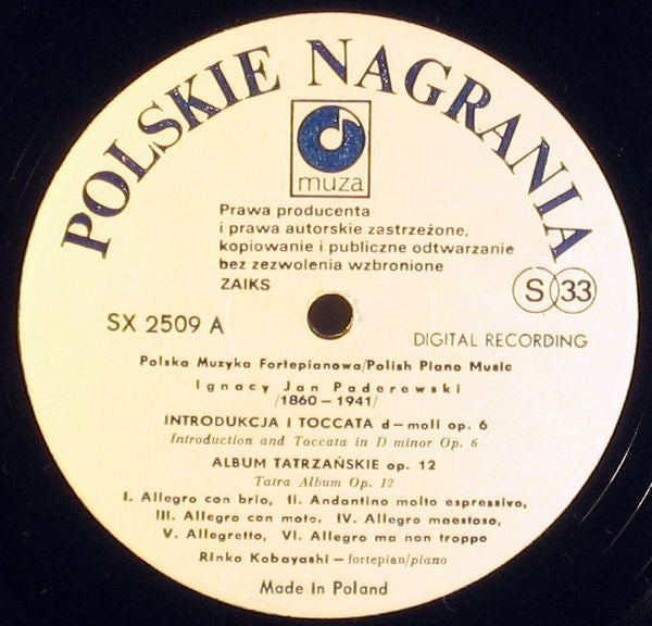 Ignacy Jan Paderewski / Rinko Kobayashi : Introdukcja I Toccata D-moll Op. 6 / Album Tatrzańskie Op. 12 / Wariacje I Fuga A-moll Op. 11 / Menuet G-dur Op. 14 Nr 1 / Sarabanda H-moll Op. 14 Nr 2 (LP, Album)