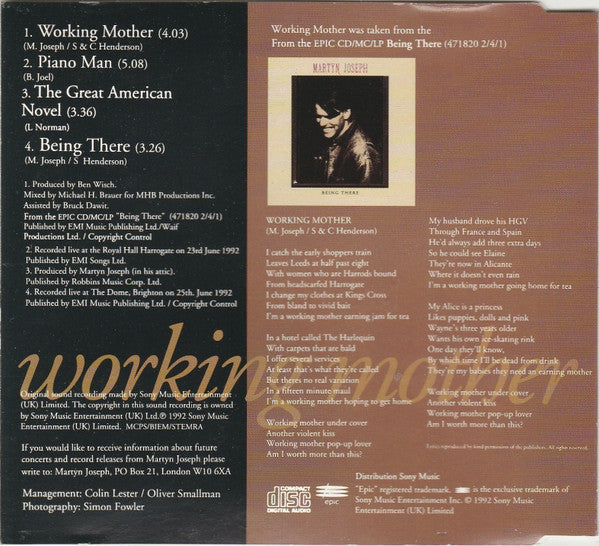 Martyn Joseph : Working Mother (CD, Maxi)