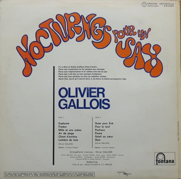 Olivier Gallois Et Son Septuor : Nocturnes Pour Un Sax (LP, Album)