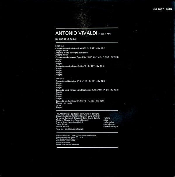 Antonio Vivaldi, I Filarmonici Del Teatro Comunale Di Bologna*, Angelo Ephrikian : Un Art De La Fugue (LP)