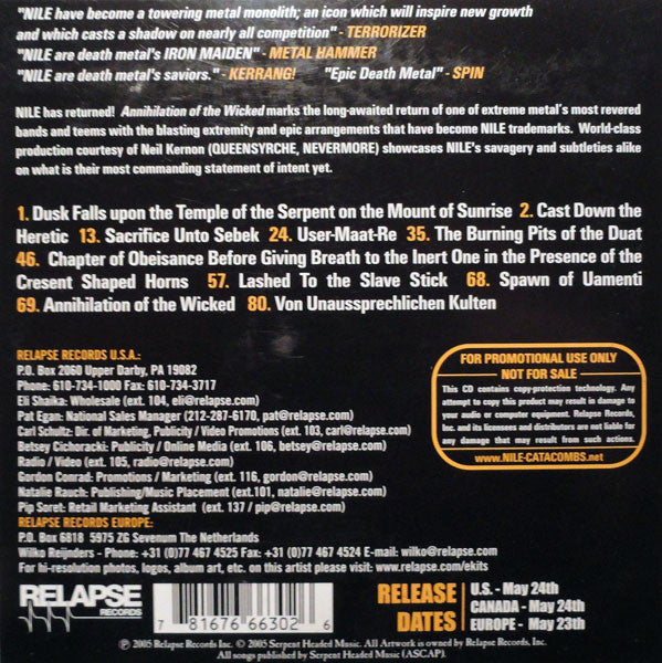 Nile (2) : Annihilation Of The Wicked (CD, Album, Copy Prot., Promo)