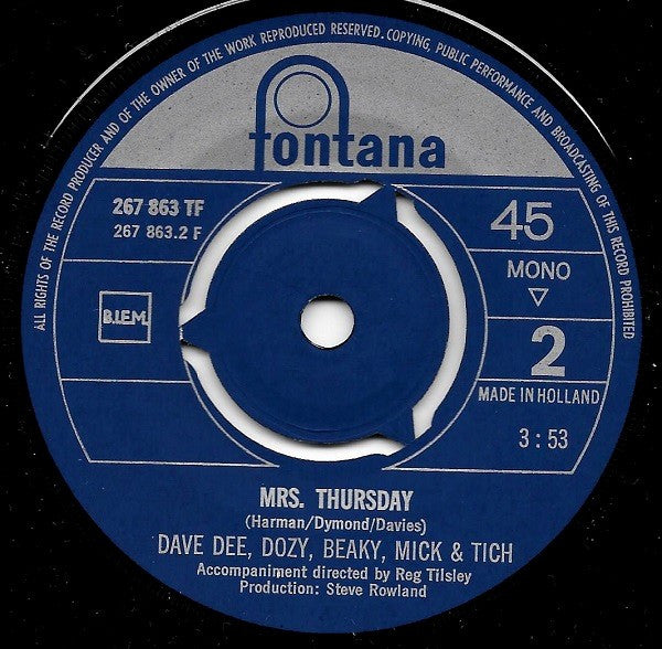 Dave Dee, Dozy, Beaky, Mick & Tich : Last Night In Soho (7", Single, Mono)