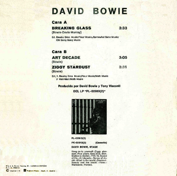 David Bowie : Stage - Breaking Glass / Art Decade / Ziggy Stardust (7", Single)