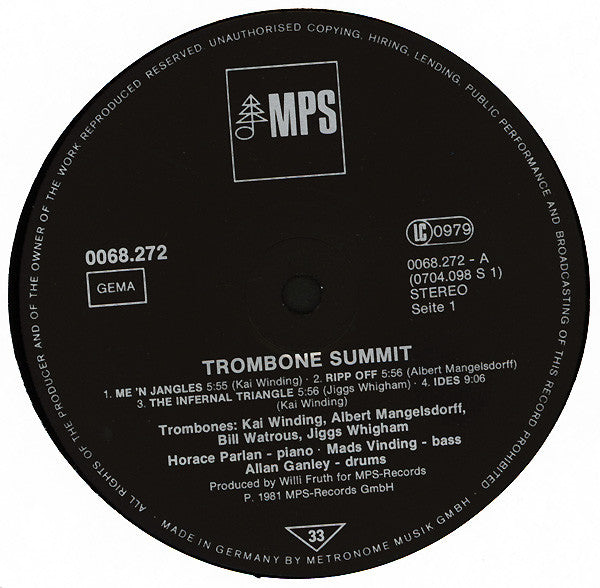 Kai Winding ▪ Albert Mangelsdorff ▪ Bill Watrous ▪ Jiggs Whigham : Trombone Summit (LP, Album)
