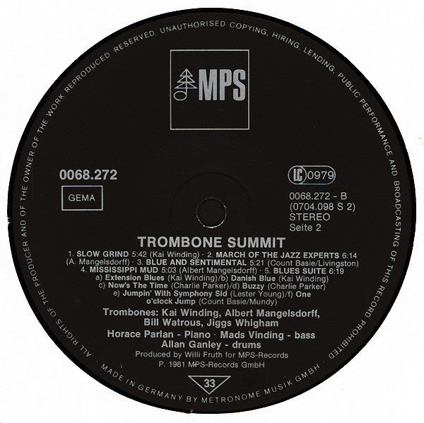 Kai Winding ▪ Albert Mangelsdorff ▪ Bill Watrous ▪ Jiggs Whigham : Trombone Summit (LP, Album)