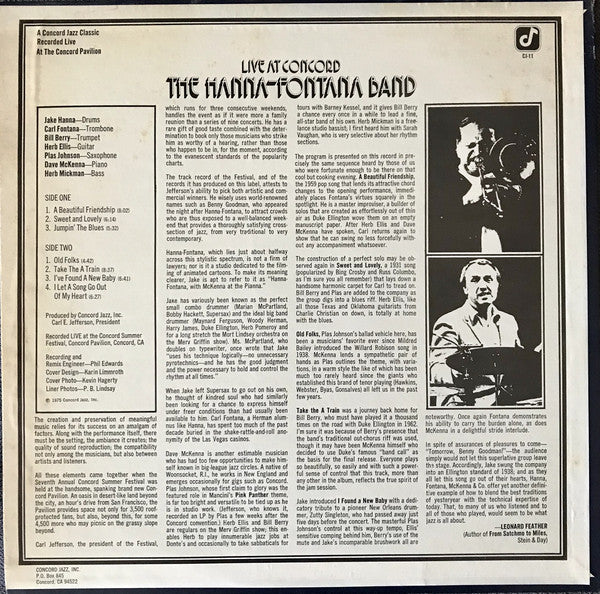 The Hanna-Fontana Band Featuring Jake Hanna And Carl Fontana : Live At Concord (LP, Album, RE)