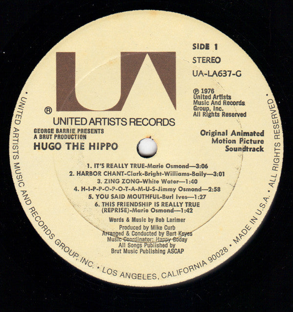 Marie Osmond And Jimmy Osmond And Burl Ives : Hugo The Hippo (Original Motion Picture Soundtrack) (LP, Album)