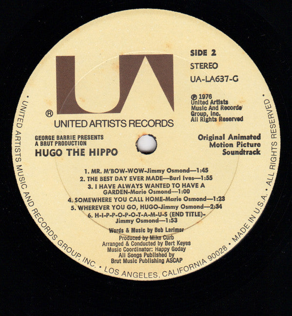 Marie Osmond And Jimmy Osmond And Burl Ives : Hugo The Hippo (Original Motion Picture Soundtrack) (LP, Album)