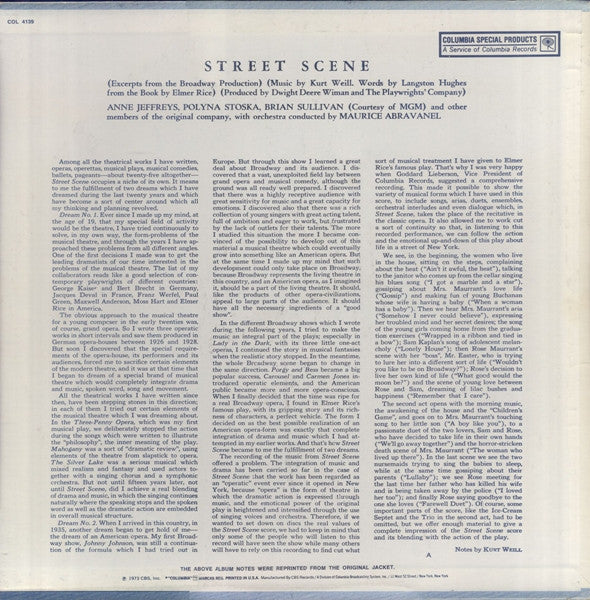 Kurt Weill / Langston Hughes / Elmer Rice - Anne Jeffreys / Polyna Stoska / Brian Sullivan (4) / Maurice Abravanel* : Street Scene (LP, Album)
