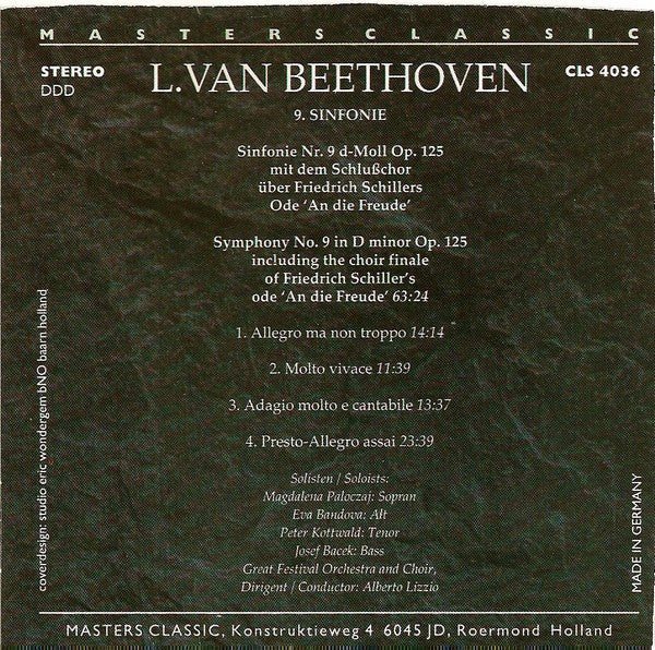 Ludwig van Beethoven / Great Festival Orchestra, Great Festival Choir, Alberto Lizzio : Sinfonie Nr. 9 D-Moll / Op. 125 Mit Dem Schlußchor Über Friedrich Schillers Ode 'An Die Freude' = Symphony No. 9 In D Minor Op. 125 Including The Choir Finale / Ode 'An Die Freude' (CD, Album)