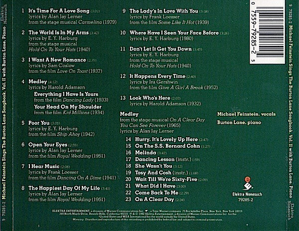 Michael Feinstein With Burton Lane : Michael Feinstein Sings The Burton Lane Songbook Vol. II (CD, Album)