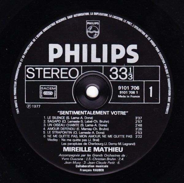 Mireille Mathieu : Sentimentalement Vôtre (LP, Album)