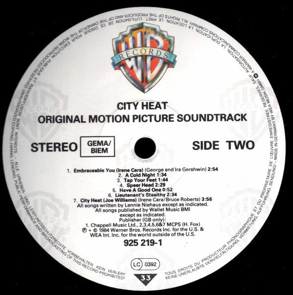 Various : City Heat ( Original Motion Picture Sound Track ) (LP, Album)