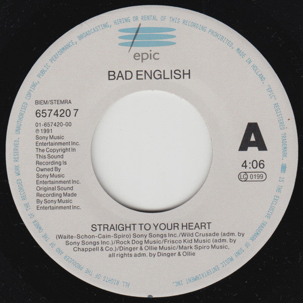 Bad English : Straight To Your Heart (7", Single)