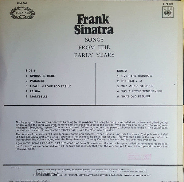 Frank Sinatra : Romantic Songs From The Early Years (LP, Comp, RE)
