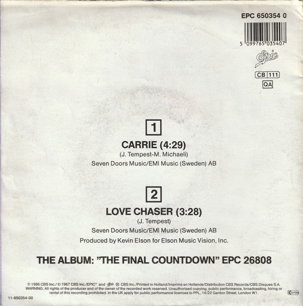 Europe (2) : Carrie (7", Single, Pos)