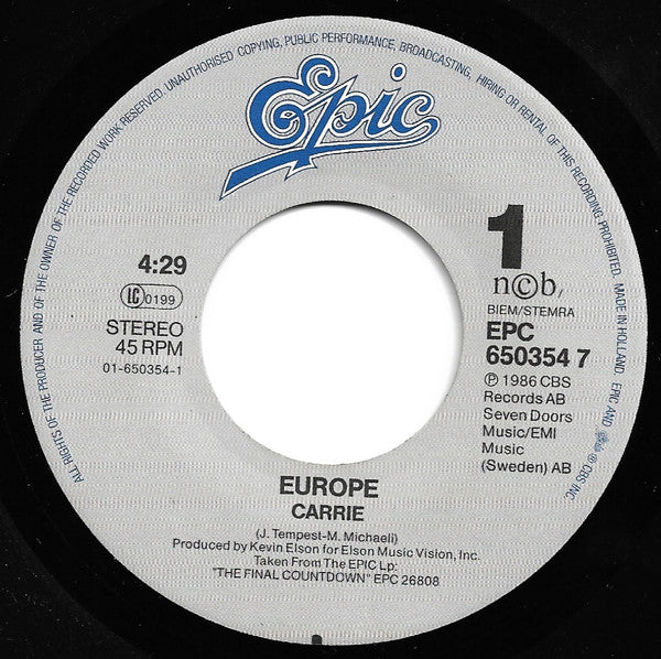 Europe (2) : Carrie (7", Single, Pos)
