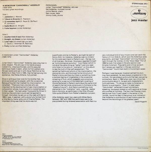 Cannonball Adderley : In Memoriam Cannonball Adderley - His Early Great Recordings (LP, Comp, Mono, RE)