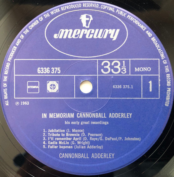 Cannonball Adderley : In Memoriam Cannonball Adderley - His Early Great Recordings (LP, Comp, Mono, RE)