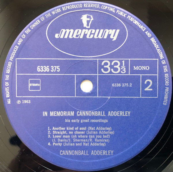 Cannonball Adderley : In Memoriam Cannonball Adderley - His Early Great Recordings (LP, Comp, Mono, RE)