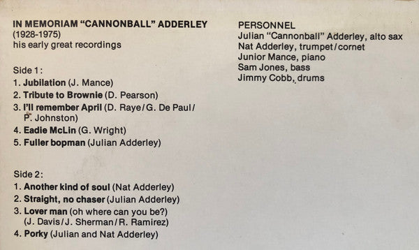 Cannonball Adderley : In Memoriam Cannonball Adderley - His Early Great Recordings (LP, Comp, Mono, RE)