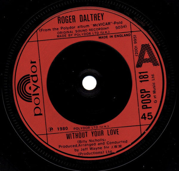 Roger Daltrey : Without Your Love (7", Single)