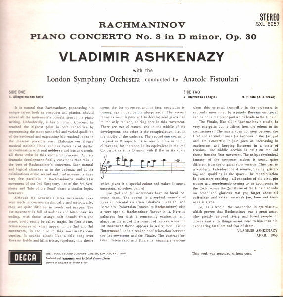 Sergei Vasilyevich Rachmaninoff, Vladimir Ashkenazy, Anatole Fistoulari, London Symphony Orchestra : 3rd. Piano Concerto (LP, RP)