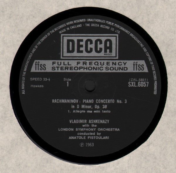 Sergei Vasilyevich Rachmaninoff, Vladimir Ashkenazy, Anatole Fistoulari, London Symphony Orchestra : 3rd. Piano Concerto (LP, RP)