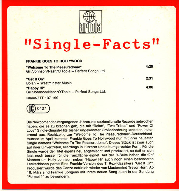 Frankie Goes To Hollywood : Welcome To The Pleasuredome (7", EP)