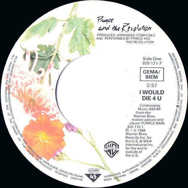 Prince And The Revolution : I Would Die 4 U (7", Single)