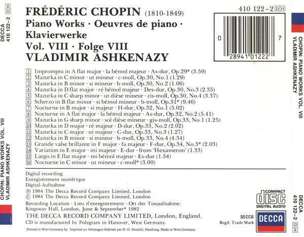 Frédéric Chopin, Vladimir Ashkenazy : Piano Works Vol.VIII = Klavierwerke Folge VIII (CD)