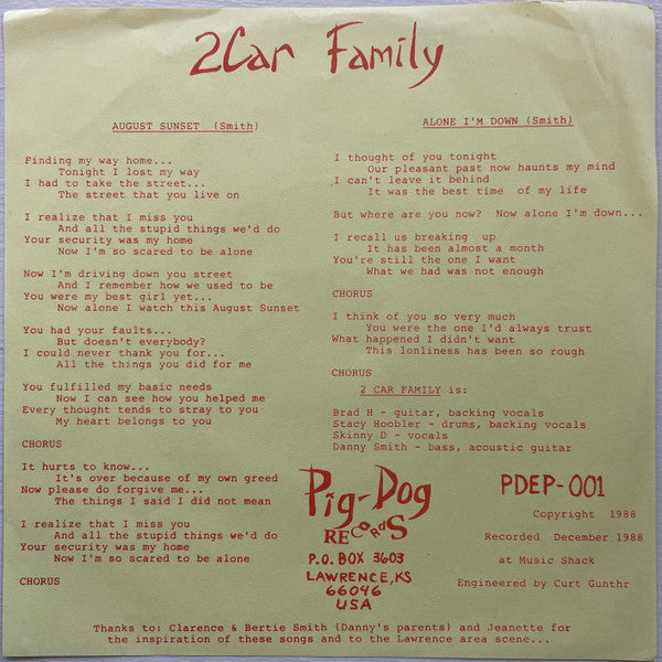 2Car Family : August Sunset b/w Alone I'm Down (7", Single)