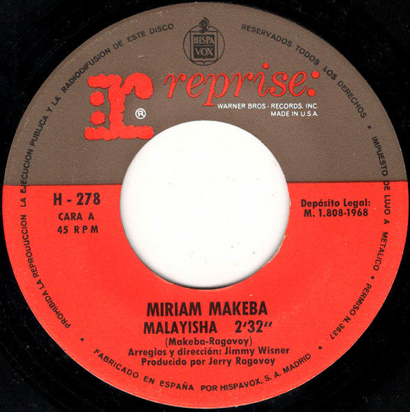 Miriam Makeba : Malayisha / Click Song #1 (7", Single)