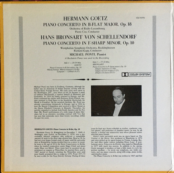Hermann Goetz - Orchestra Of Radio Luxembourg ; Pierre Cao / Hans Bronsart Von Schellendorf - Westfälisches Sinfonieorchester ; Richard Kapp, Michael Ponti : Piano Concerto In B-Flat Major, Op. 18 / Piano Concerto In F-Sharp Minor, Op. 10 (LP, Album)