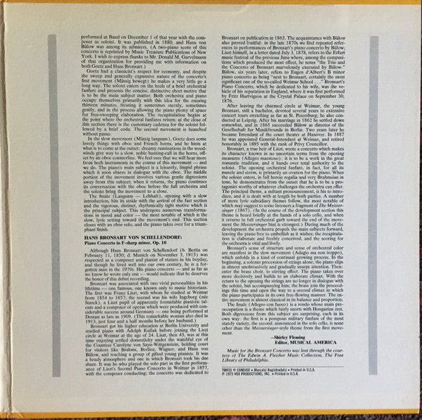 Hermann Goetz - Orchestra Of Radio Luxembourg ; Pierre Cao / Hans Bronsart Von Schellendorf - Westfälisches Sinfonieorchester ; Richard Kapp, Michael Ponti : Piano Concerto In B-Flat Major, Op. 18 / Piano Concerto In F-Sharp Minor, Op. 10 (LP, Album)