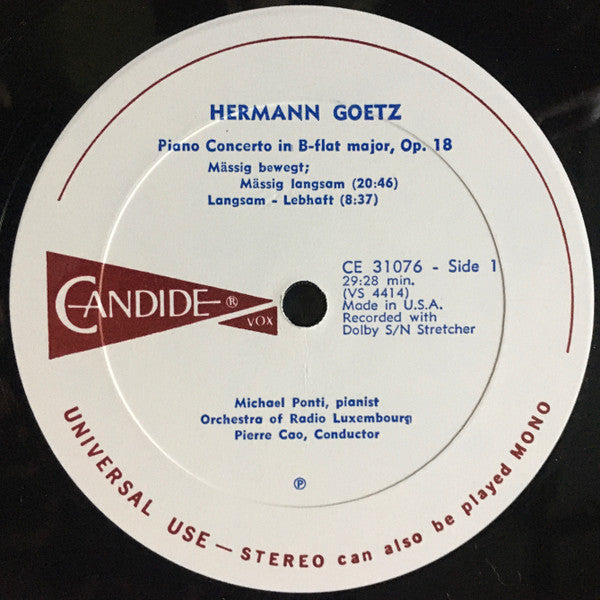 Hermann Goetz - Orchestra Of Radio Luxembourg ; Pierre Cao / Hans Bronsart Von Schellendorf - Westfälisches Sinfonieorchester ; Richard Kapp, Michael Ponti : Piano Concerto In B-Flat Major, Op. 18 / Piano Concerto In F-Sharp Minor, Op. 10 (LP, Album)
