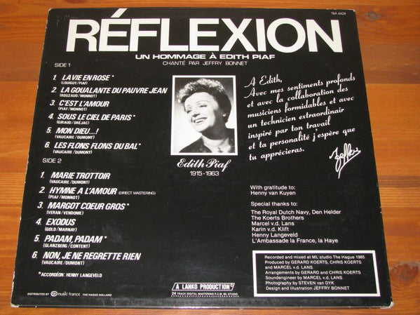 Jeffry Bonnet : Réflexion - Un Hommage à Edith Piaf Chanté Par Jeffry Bonnet (LP, Album)